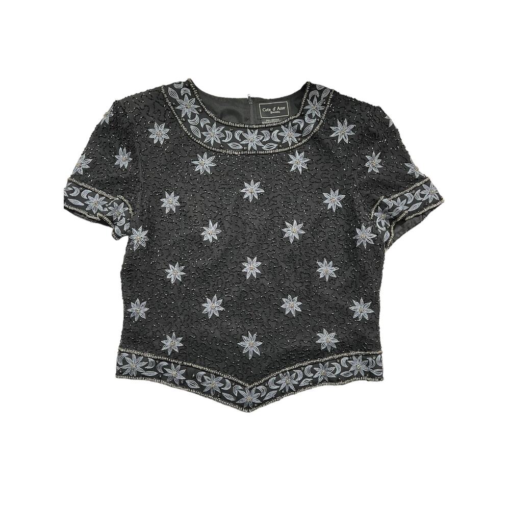 Cote d'Azur Heavily Beaded Black Top with Floral Embroidery Large